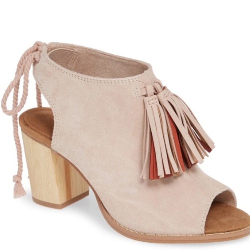 Toms Blush Suede Tassel Peep-Toe Block Heel Sandal
